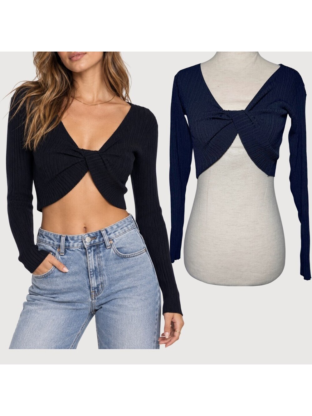 SNDYS Black Knot Front Cropped Sweater Knit Top XS